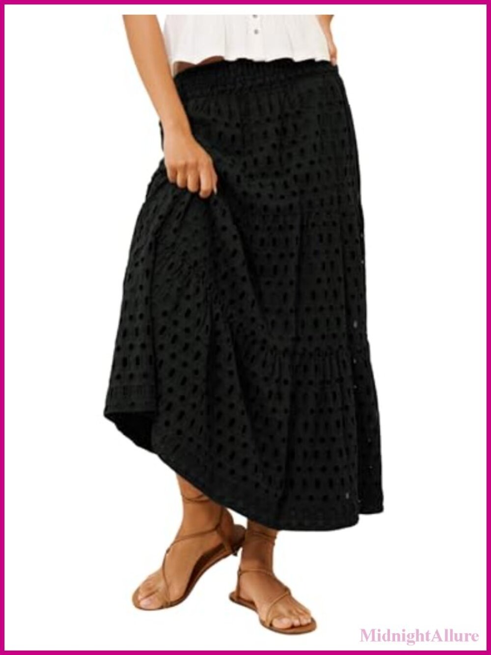 Women's Eyelet Cotton Maxi Skirt Boho Hollow Out Tiered Long Skirt Side Pockets